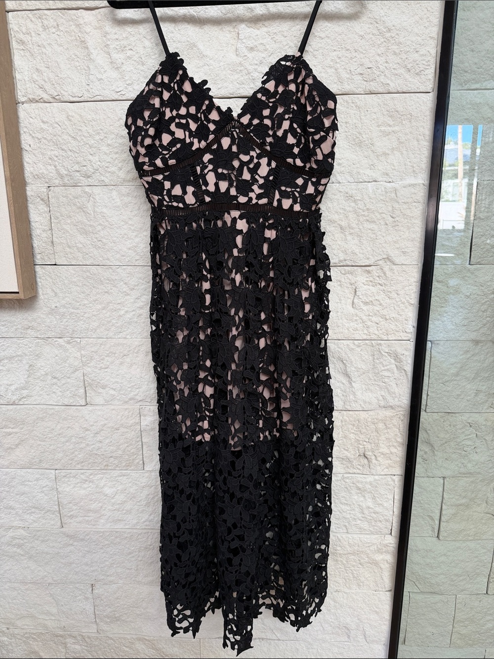 Aqua Black Crochet Midi Dress with Nude Slip